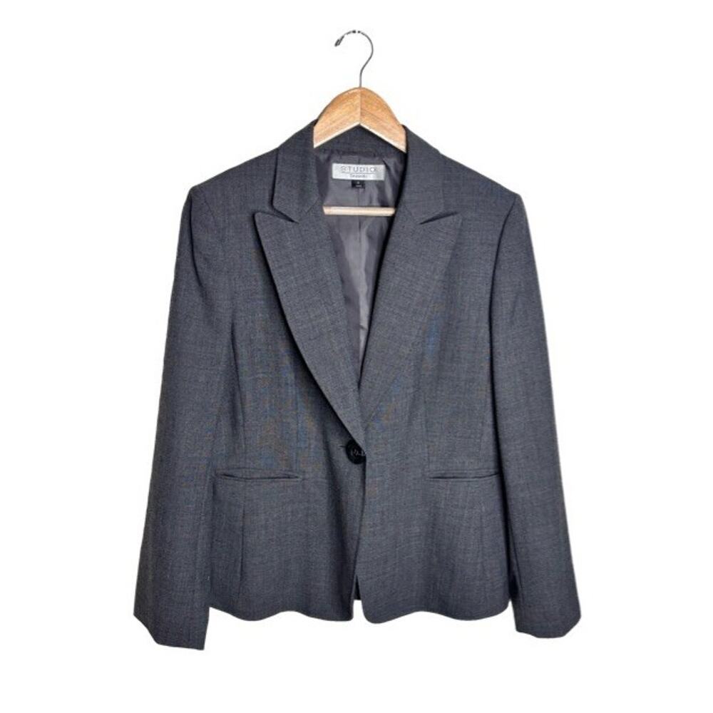Studio Tahari Blazer Gray Size 14 One Button Office Corporate Wool Blend